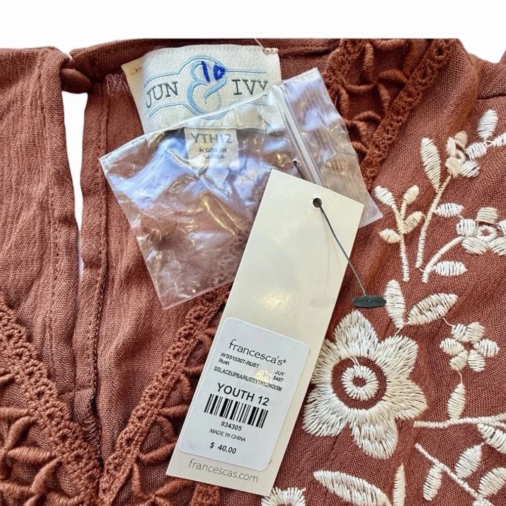 Boho Floral Embroidered Ruffle Tiered Mini Dress Rust Orange Terracotta Size 12